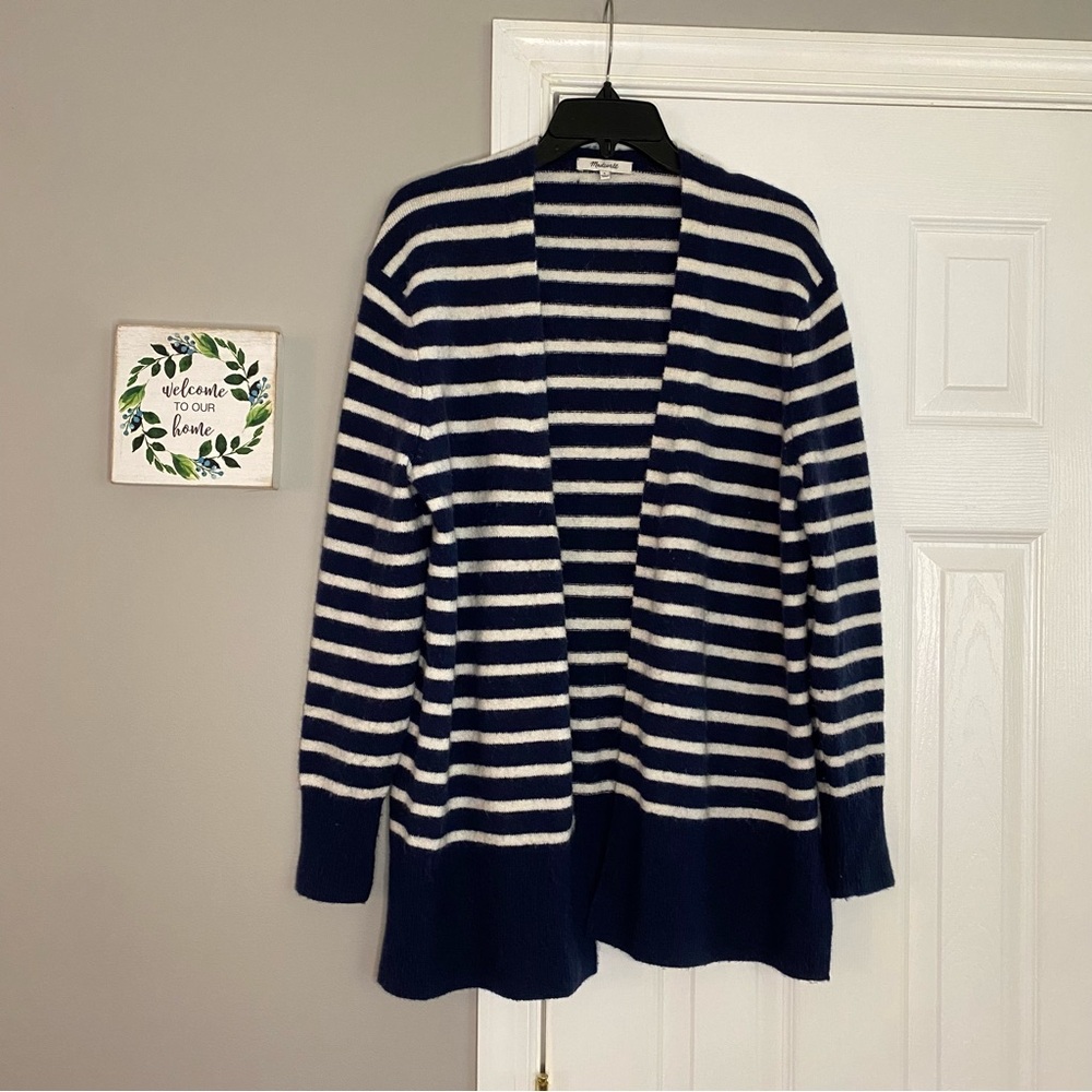 Madewell Cozy Short Walker Striped Cardigan Sweater Blue White Small Wool Alpaca